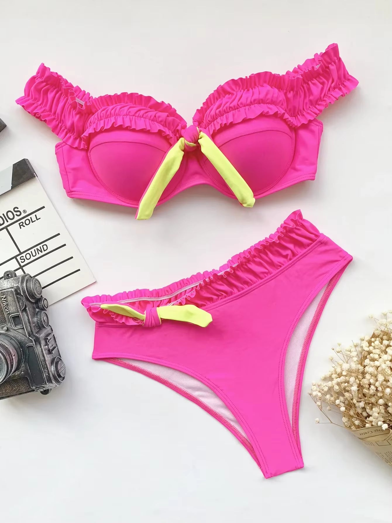Sexy High Waist Bikini Set 2025 Women Solid Neon Hot Pink Ruffled Padded Swimsuit Female Push up Bathing Suit Swimwear Biquini