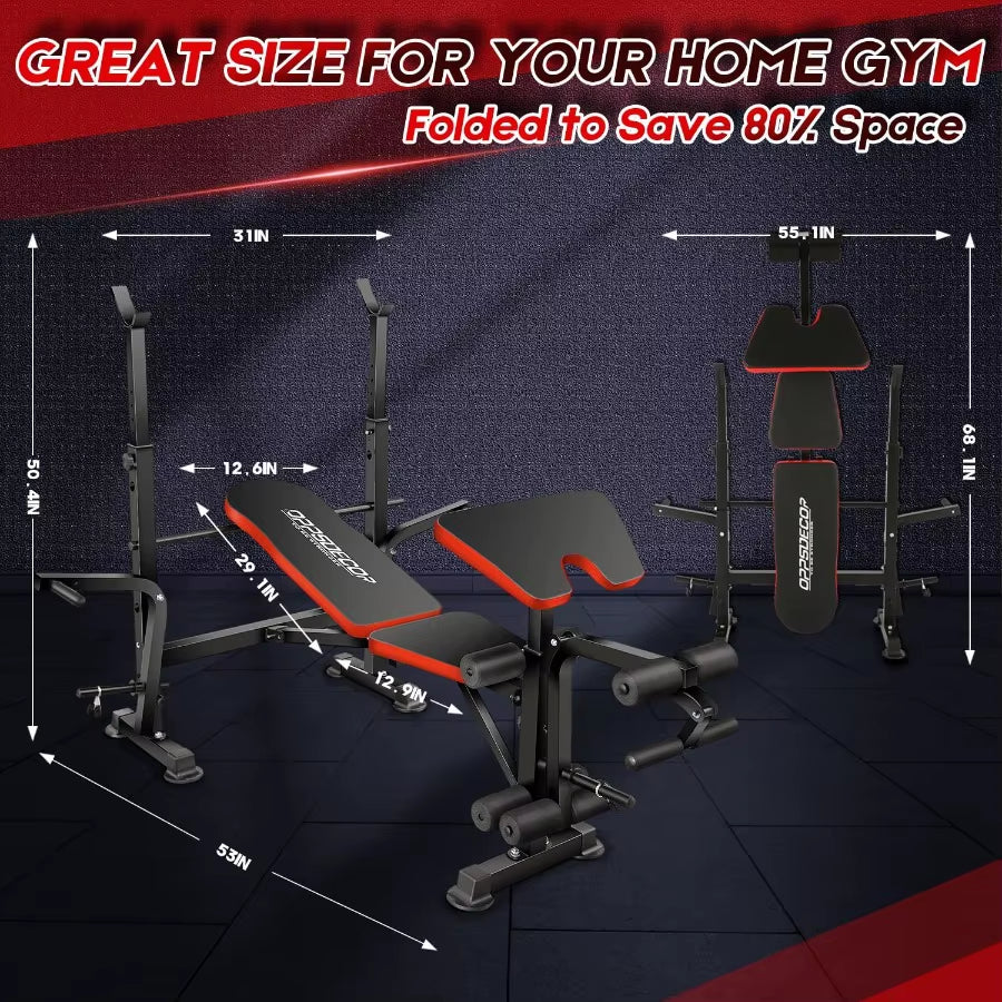 660Lbs 6 in 1 Weight Bench Set with Squat Rack, Workout Bench with Leg Extension Preacher Curl Rack Multi-Function Bench Press S
