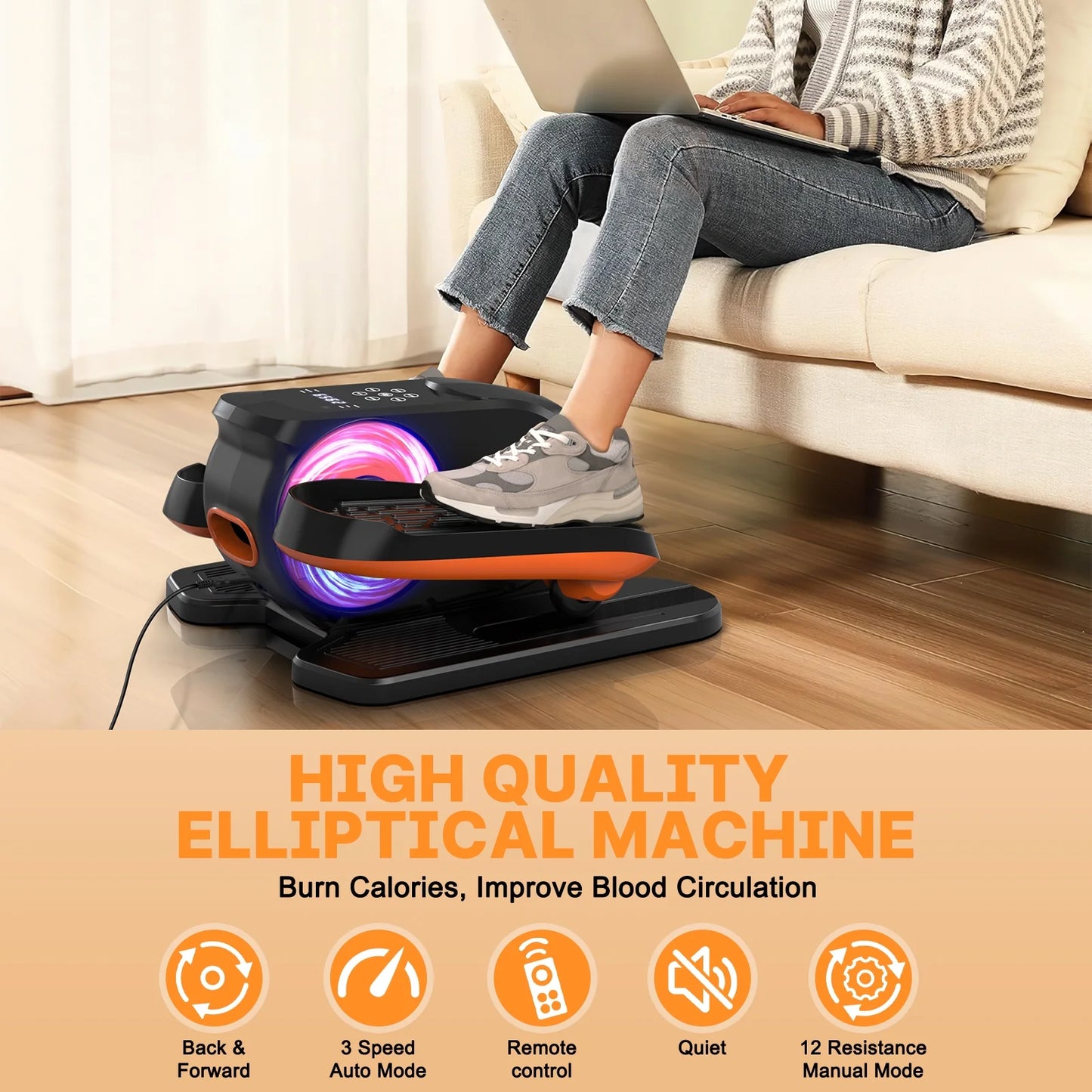 Quiet under Desk Elliptical Machine, 12 Gear Adjustable Speeds Ellipse Leg Exerciser for Home & Office