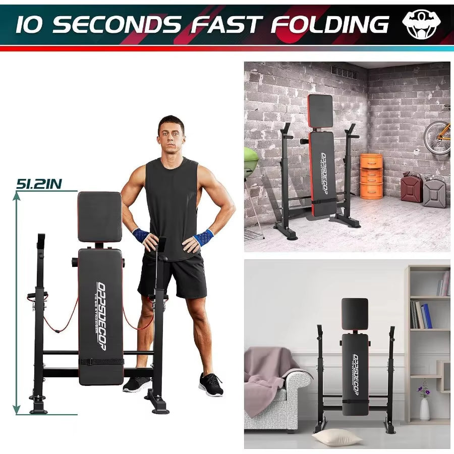 600Lbs 6-In-1 Adjustable Weight Bench Set with Integrated Squat Rack and Foldable Design for Home Gym Use Features Removable Fo