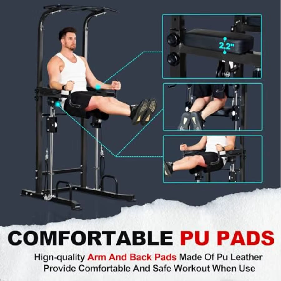 Power Tower Dip Station with Assisted Pad Height Adjustable Pull up Bar Station for Home Gym Multi-Function Strength Training F