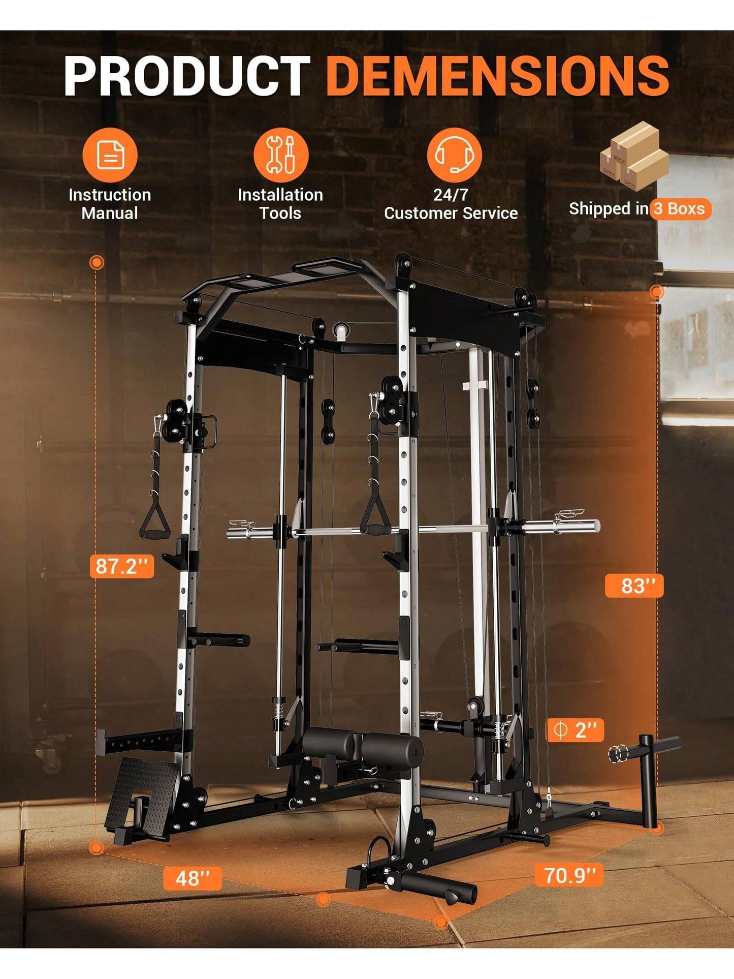 Smith Machine, 2200Lbs Squat Rack with Duable Cable & Lat-Pull down System, Multi-Function Squat Rack Power Cage for Home Gym, Training Equipment with Leg Hold-Down Attachment