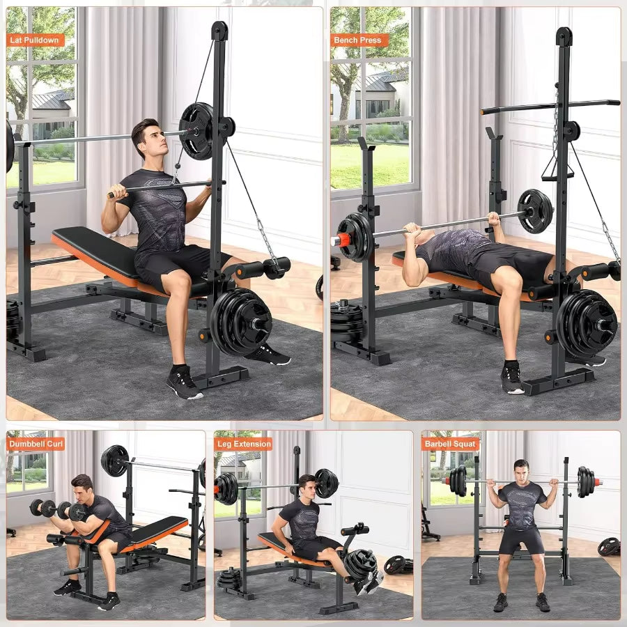 800Lbs 8-In-1 Adjustable Weight Bench for Home Gym: Multi-Function Strength Trainer with Lat Pulldown Leg Extension/Curl Barbel
