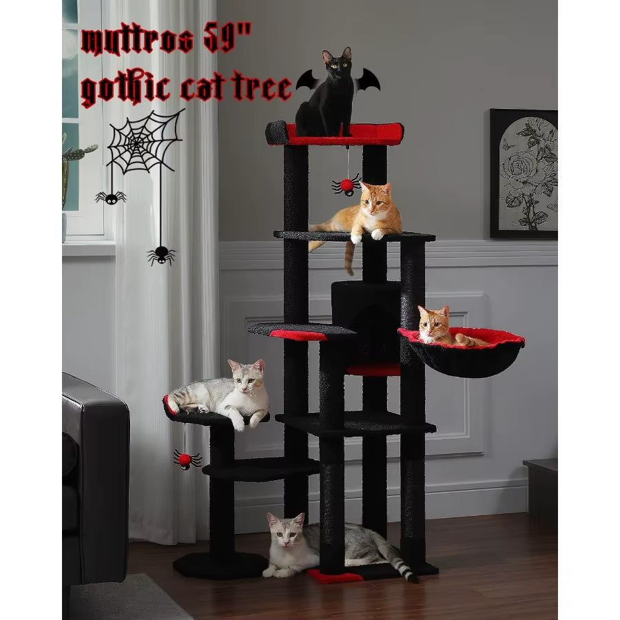 59 Gothic Cat Tree with Coffin Bed for Indoor Cats Spacious Cat Condo Featuring Cozy Hammock Spider Hanging Balls Sisal Scratch