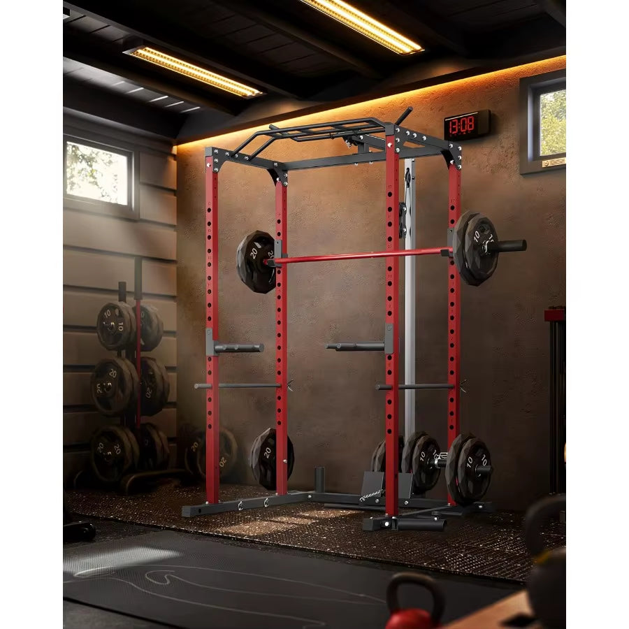 Power Cage Power Racks for Home Gym with Pulley System 1200LBS Weight Capacity Multifunctional Squat Rack for Strength Workout