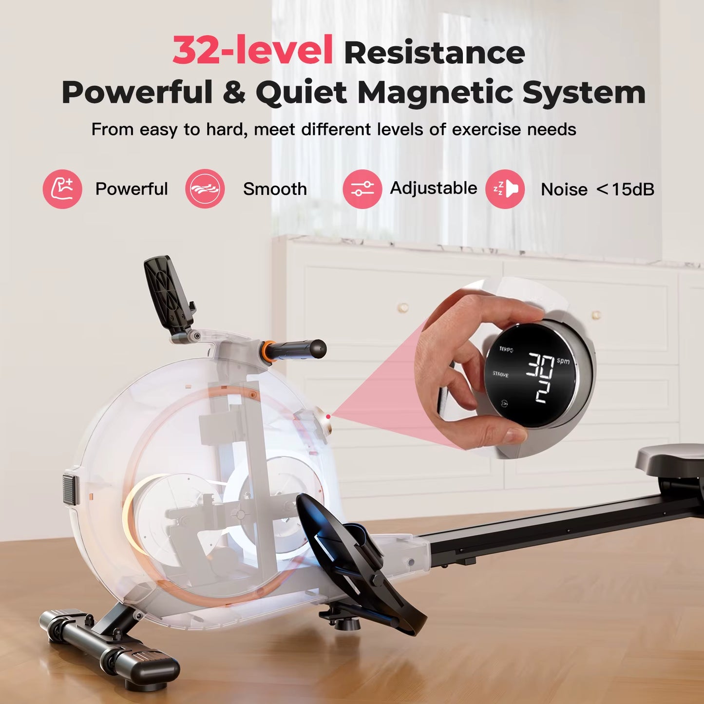 Home Rowing Machine 32Level Adjustable Resistance 300LBS Trainer Row Machine LED Monitor Tablet Holder Bluetooh Fitness Machine