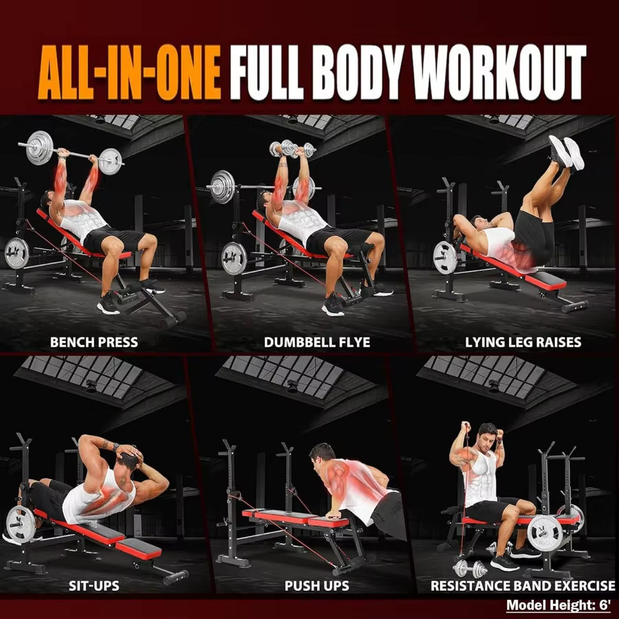 600LBS 6 in 1 Adjustable Weight Bench Set with Incline Decline Flat Sit-Up Function and Squat Rack Foldable Home Gym Workout Be