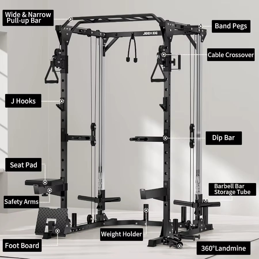 Power Cage2000Lbs Multifunction Squat Rack 2000Lbs Power Rack with Cable Crossover System and 20+ Attachments