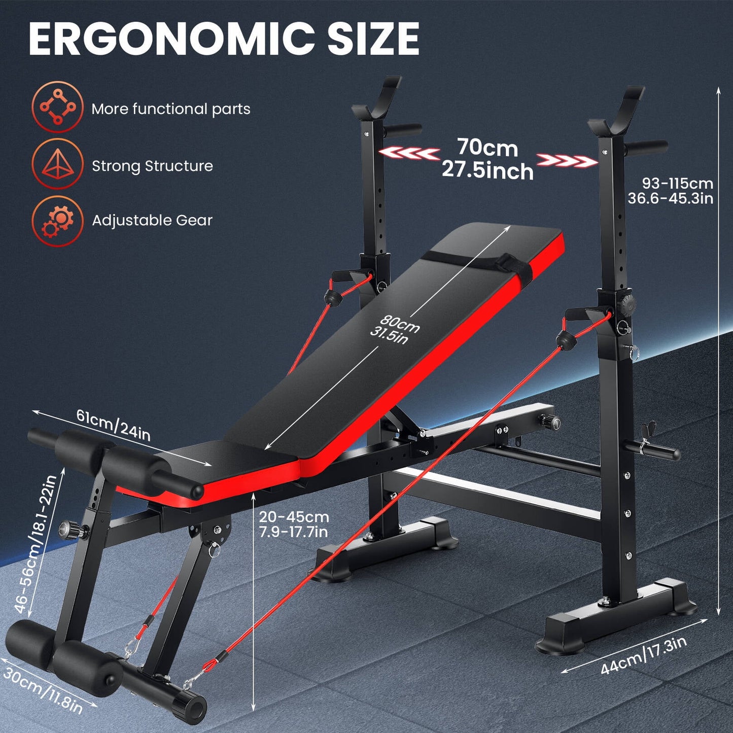 Foldable , Adjustable Weight Bench Set with Barbell Rack Removable Foot Catch for Incline Flat Decline Sit up Bench Press Set for Full Body Exercise