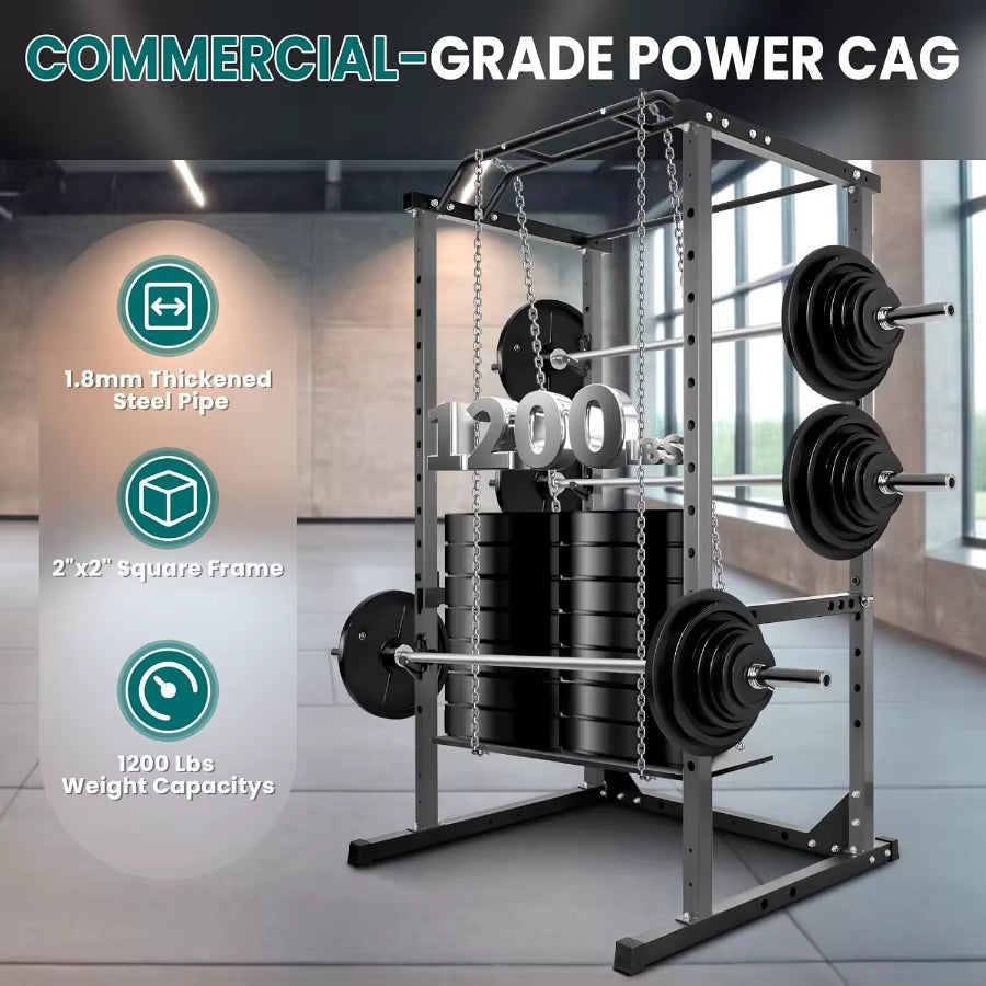 Power Cage 1200LB Squat Rack with Dual Pulley Cable Crossover System for Home Gym: Multifunction Free Weight Workout Machine Fe