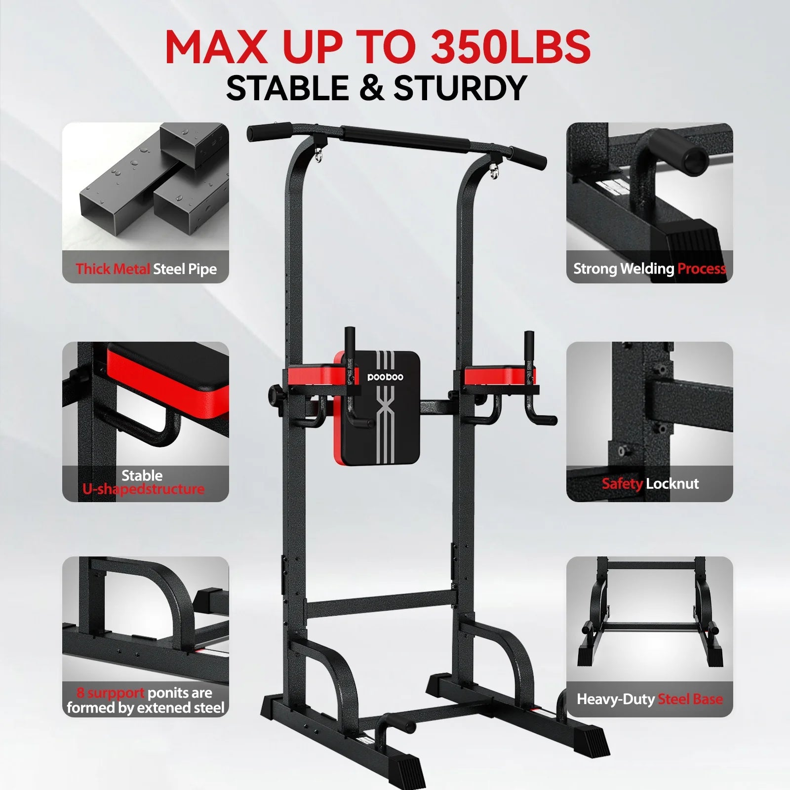 Multifunction Power Tower Pull up Bar Dip Station Power Rack with Adjustable Backrest for Home Gym Strength Training Workout Equipment Max Weight 480Lbs