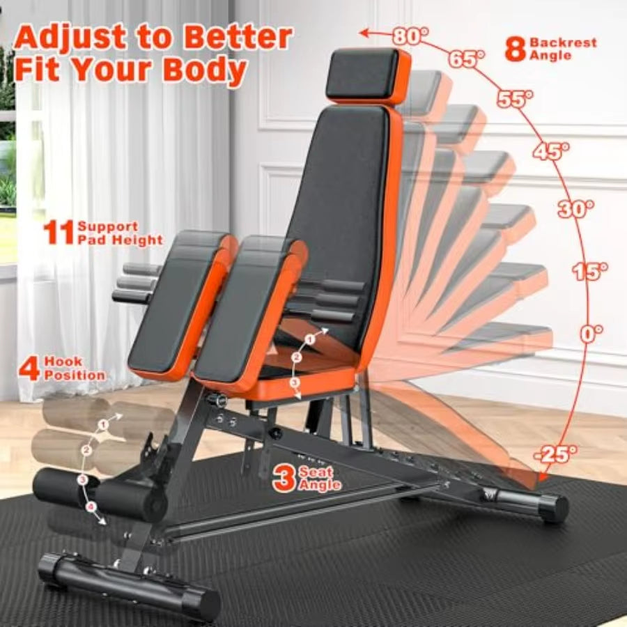 Roman Chair Adjustable Weight Bench Back Extension Machine for Home Gym with Dumbbell Rack 1000LBS All-In-One Sit up Bench For