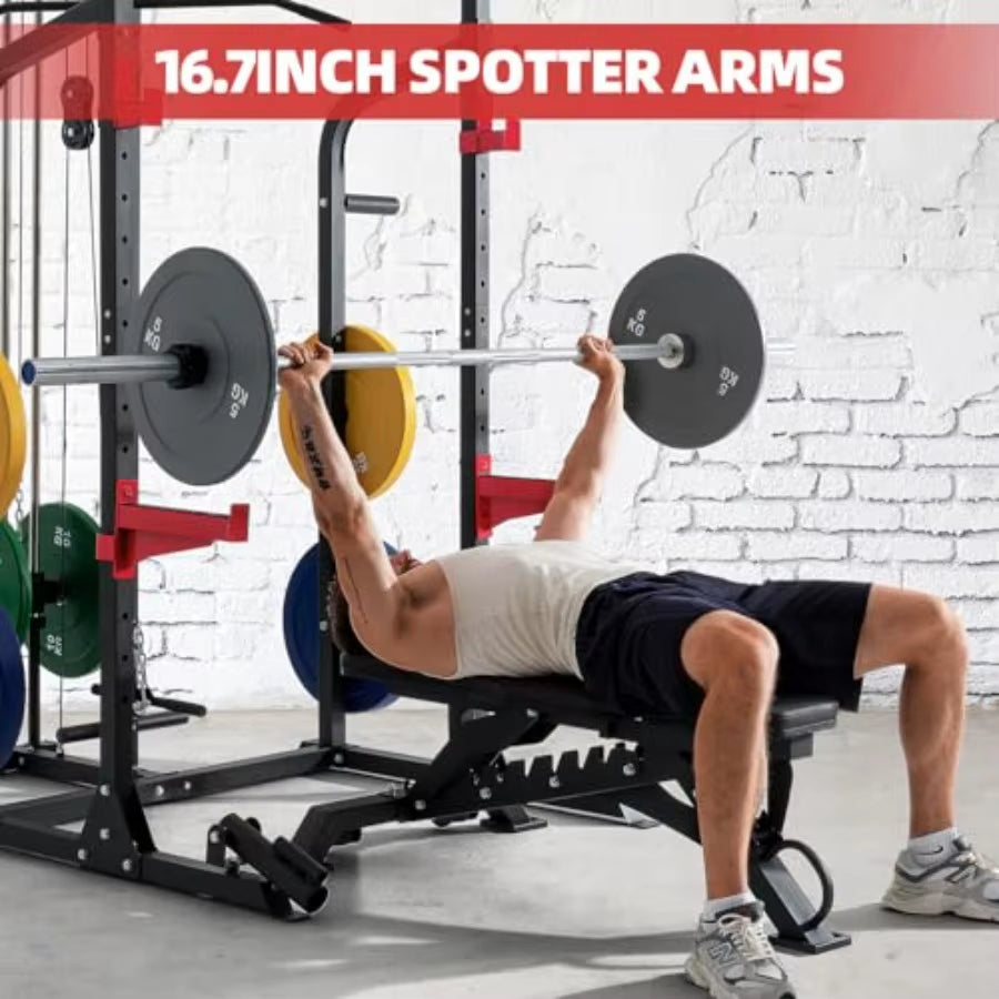 2X2 Squat Half Rack with LAT Pulldown System and Multigrip Pullup Bar for Home Gym Featuring Plate Storage and 1000LBS Capacity