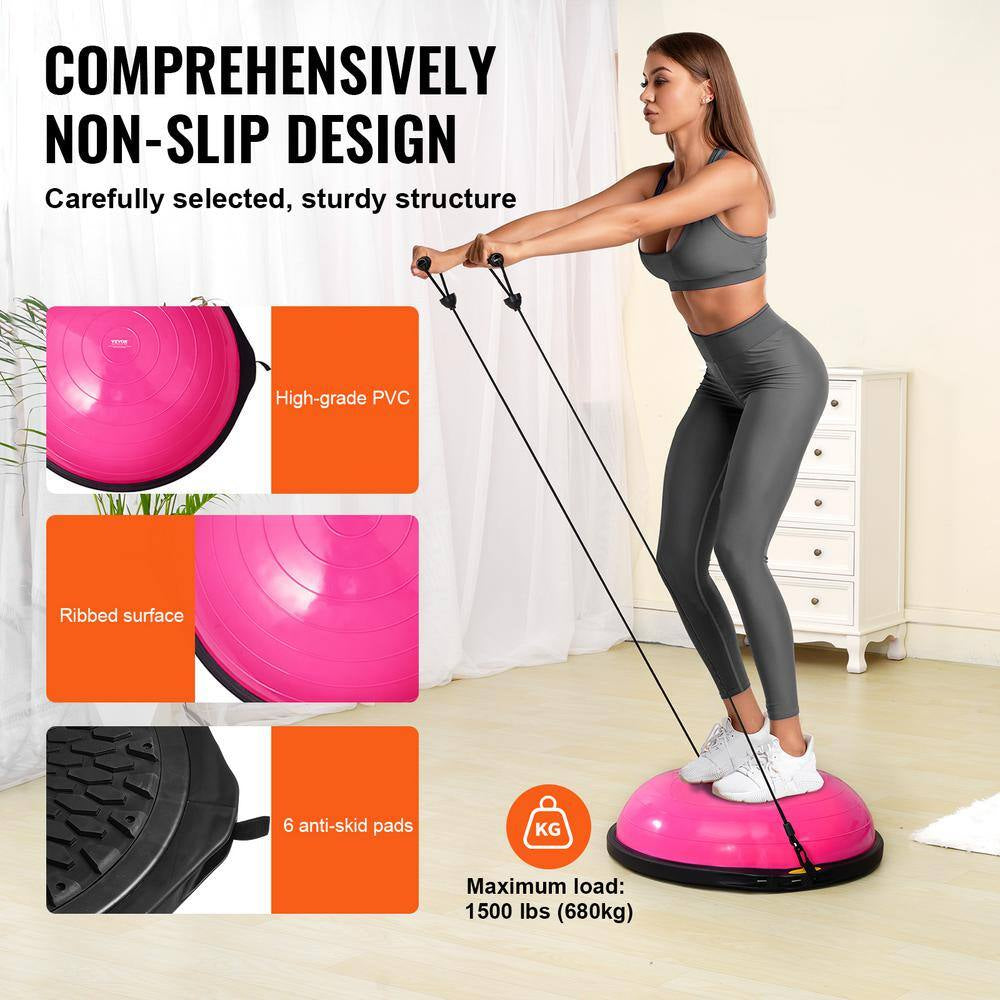 Half Exercise Ball Trainer 26 In. Balance Ball Trainer 1500Lbs Capacity Stability Ball Yoga Ball with Bands Pink