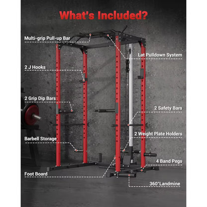 Power Cage Power Racks for Home Gym with Pulley System 1200LBS Weight Capacity Multifunctional Squat Rack for Strength Workout