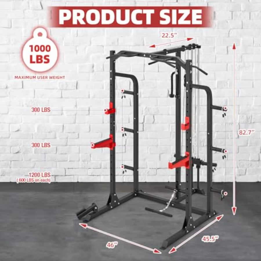 2X2 Squat Half Rack with LAT Pulldown System and Multigrip Pullup Bar for Home Gym Featuring Plate Storage and 1000LBS Capacity