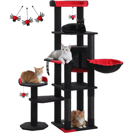 59 Gothic Cat Tree with Coffin Bed for Indoor Cats Spacious Cat Condo Featuring Cozy Hammock Spider Hanging Balls Sisal Scratch