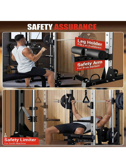 Ataucjin Smith Machine for Home Gym, Smith Machine with Cable Crossover Machine and Chest Station, All in One Home Gym System Power Rack for Garage(Ship in 3 Boxes)