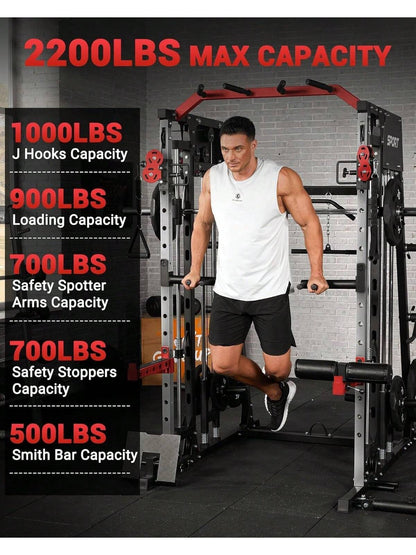 Ataucjin Smith Machine Home Gym All in One, 2200LBS Squat Rack Power Cage Workout Equipment with Smith Bar, LAT Pull-Down Systems, Cable 1, Leg Hold-Down and More Attachments(Ship in 4 Boxes)