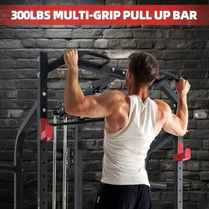 2X2 Squat Half Rack with LAT Pulldown System and Multigrip Pullup Bar for Home Gym Featuring Plate Storage and 1000LBS Capacity