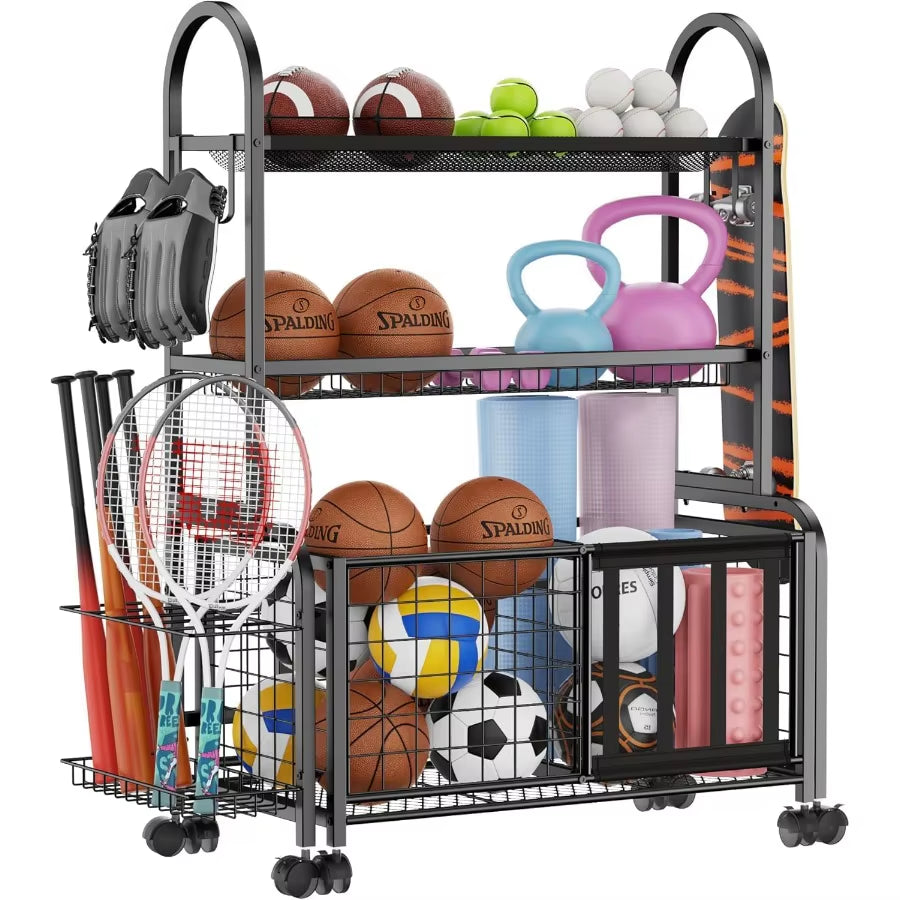 2 in 1 Sports Equipment Organizer for Garage with Rolling Basket and Adjustable Hooks Individually Movable Ball Storage Cart Fo