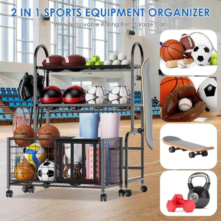 2 in 1 Sports Equipment Organizer for Garage with Rolling Basket and Adjustable Hooks Individually Movable Ball Storage Cart Fo