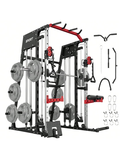 Smith Machine for Home Gym, Multifunctional Strength Training Power Cage with T Bar, Lat-Pull down System and Cable System, 2200 Lbs Squat Rack with More Training Attachment