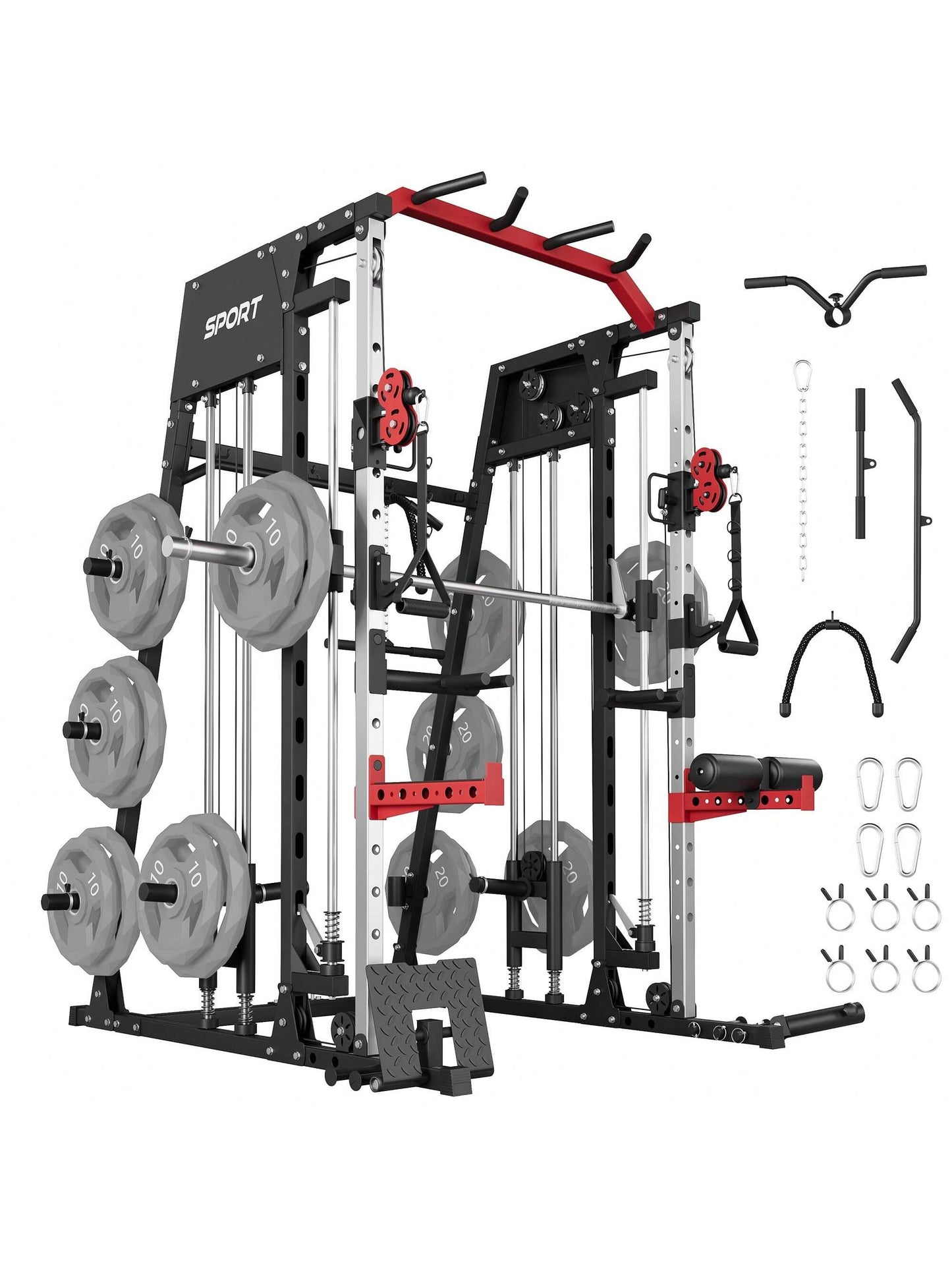 Smith Machine for Home Gym, Multifunctional Strength Training Power Cage with T Bar, Lat-Pull down System and Cable System, 2200 Lbs Squat Rack with More Training Attachment