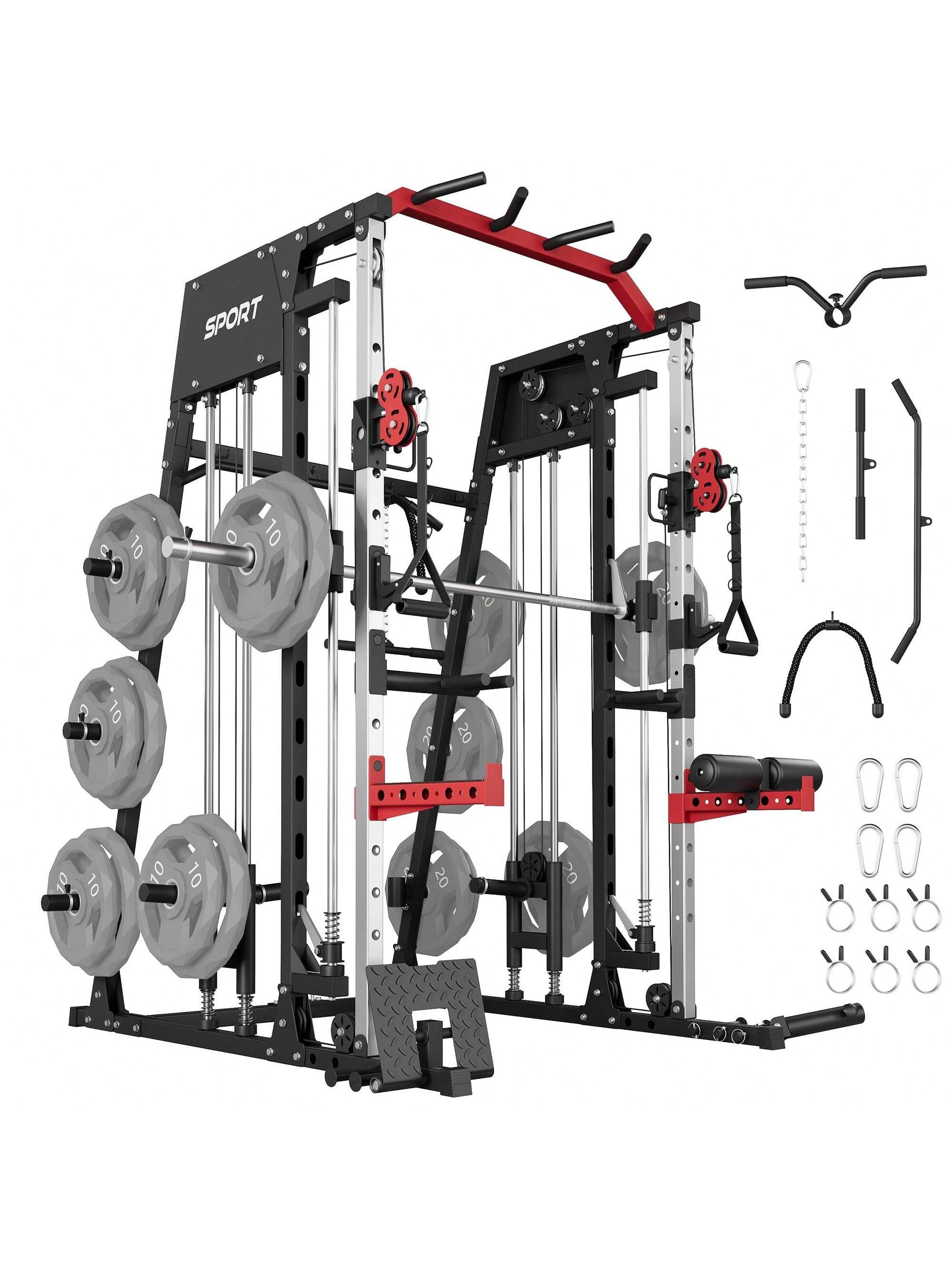 Smith Machine for Home Gym, Multifunctional Strength Training Power Cage with T Bar, Lat-Pull down System and Cable System, 2200 Lbs Squat Rack with More Training Attachment