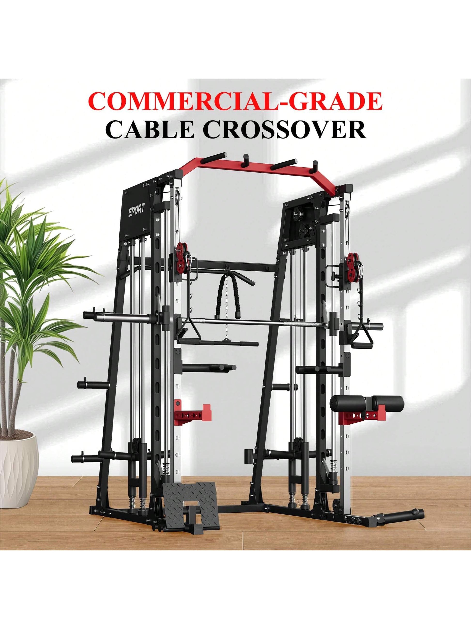 Smith Machine for Home Gym, Multifunctional Strength Training Power Cage with T Bar, Lat-Pull down System and Cable System, 2200 Lbs Squat Rack with More Training Attachment