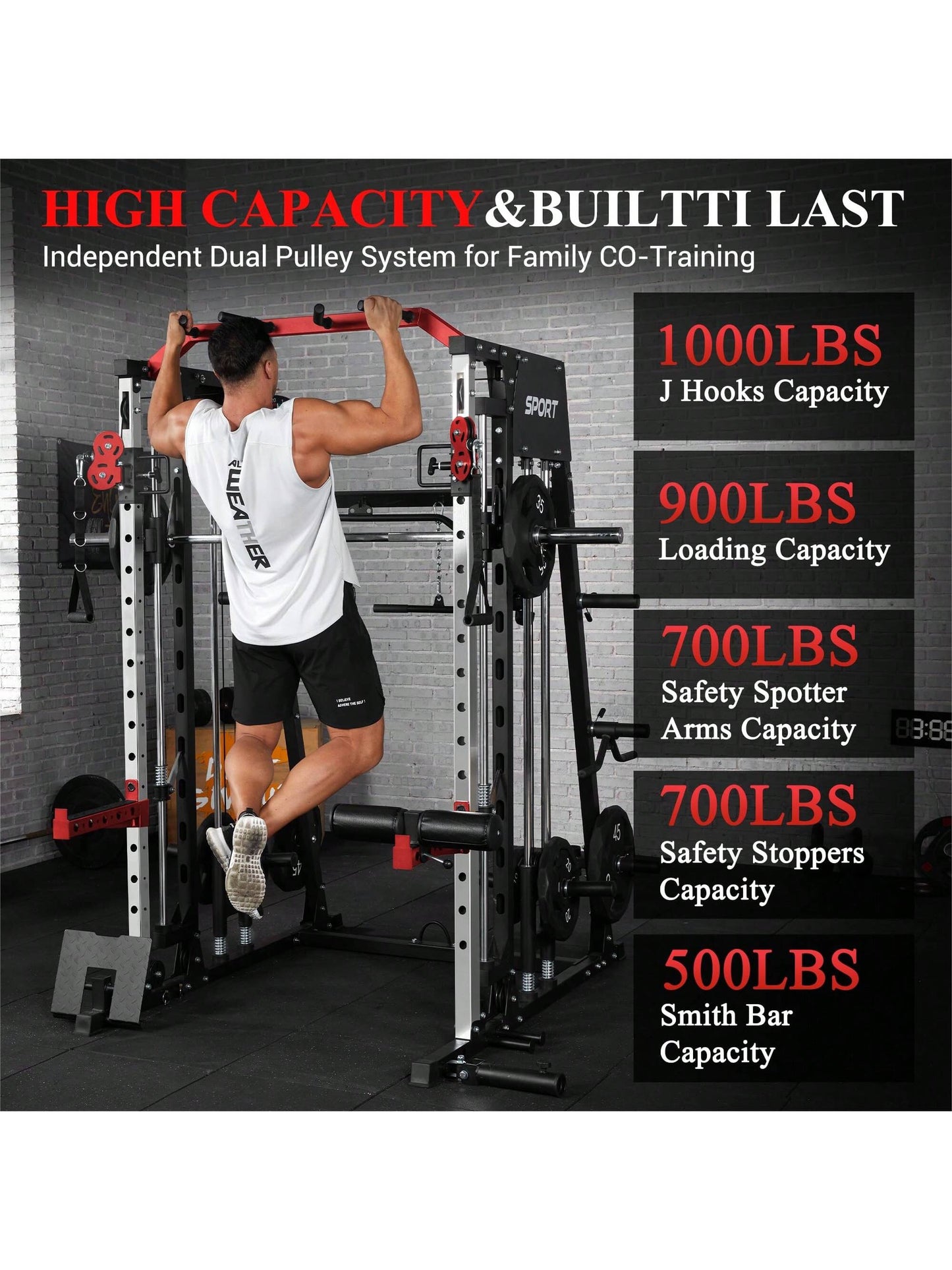Smith Machine for Home Gym, Multifunctional Strength Training Power Cage with T Bar, Lat-Pull down System and Cable System, 2200 Lbs Squat Rack with More Training Attachment