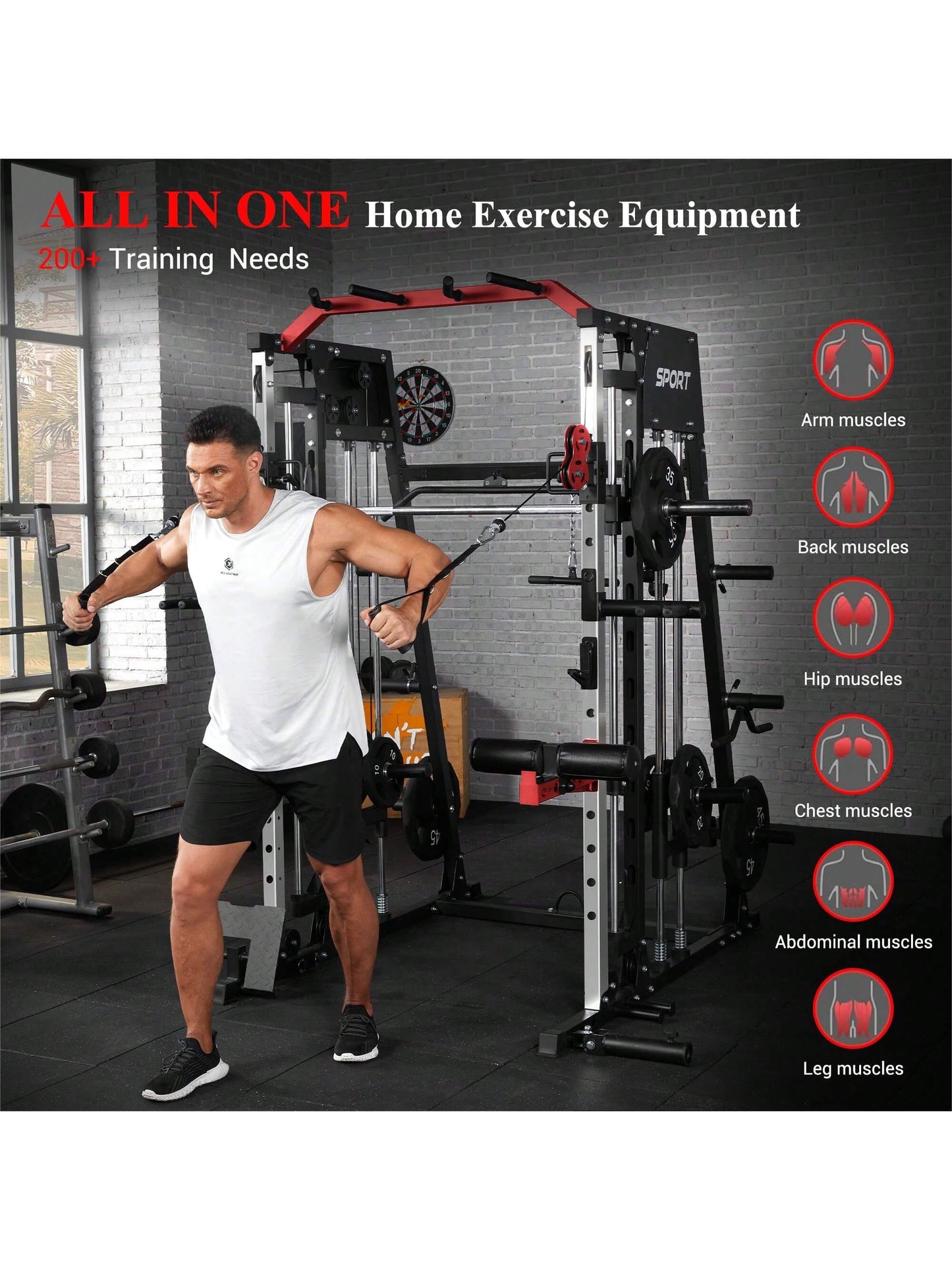 Smith Machine for Home Gym, Multifunctional Strength Training Power Cage with T Bar, Lat-Pull down System and Cable System, 2200 Lbs Squat Rack with More Training Attachment