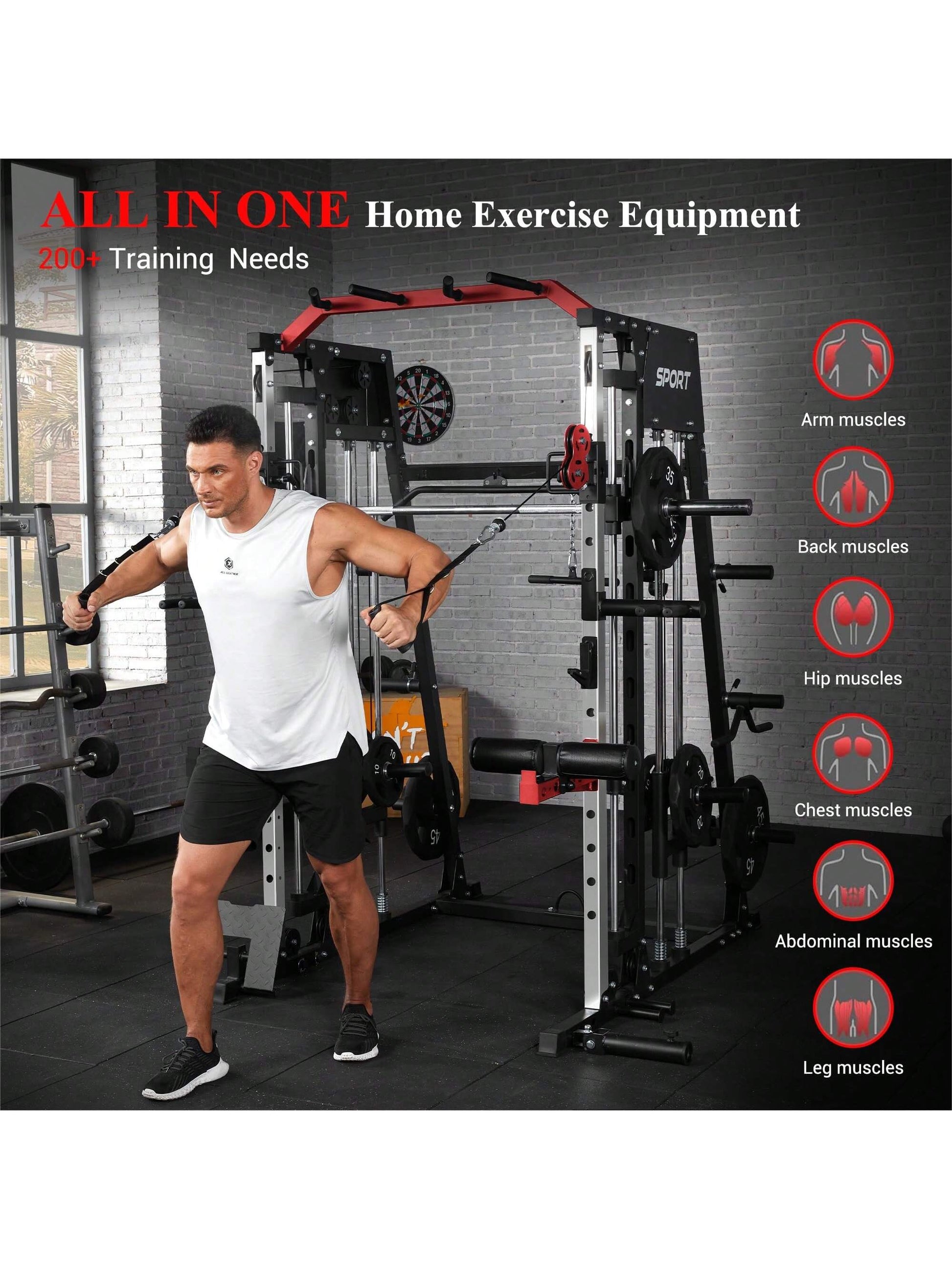 Smith Machine for Home Gym, Multifunctional Strength Training Power Cage with T Bar, Lat-Pull down System and Cable System, 2200 Lbs Squat Rack with More Training Attachment