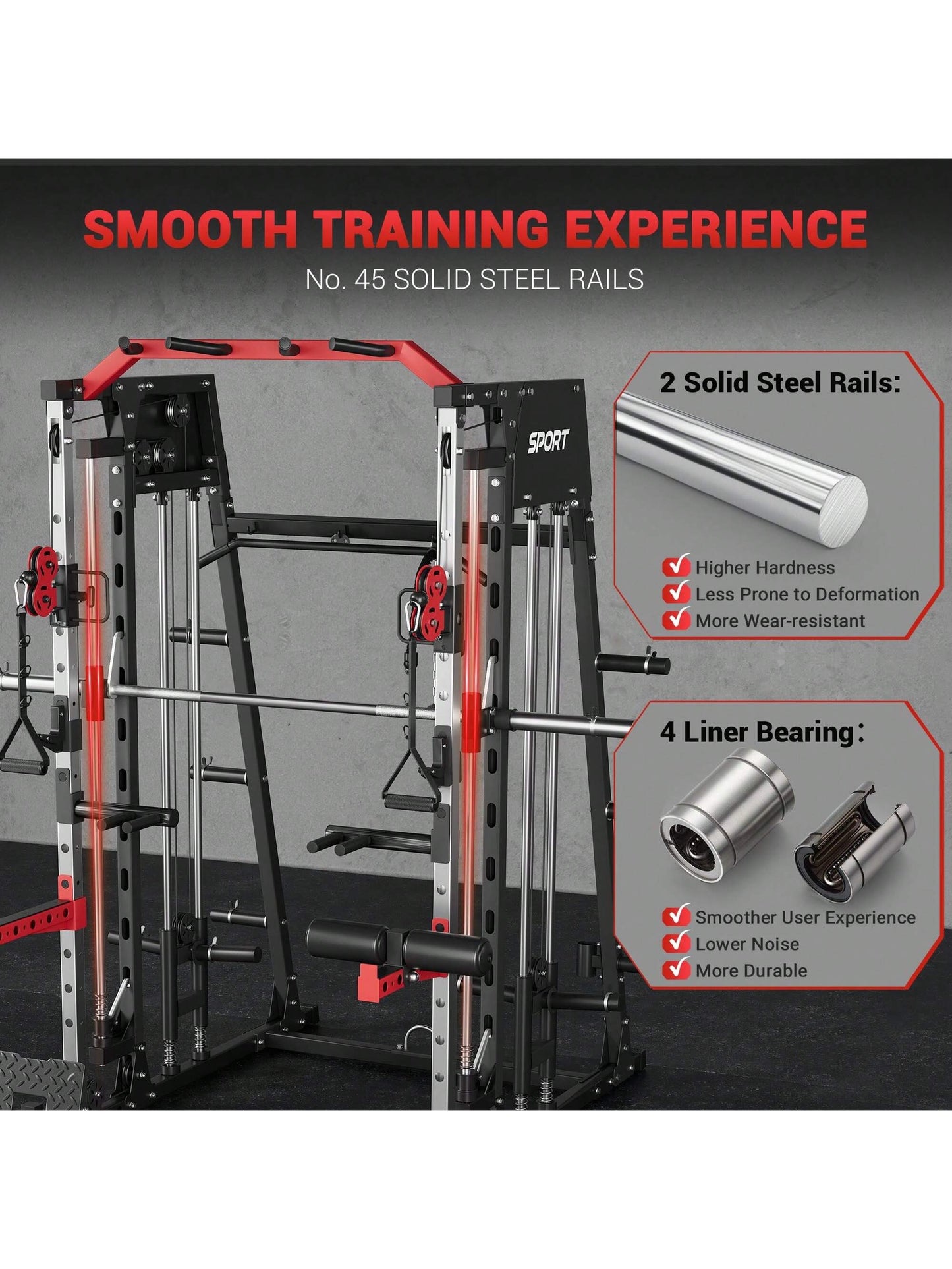 Smith Machine for Home Gym, Multifunctional Strength Training Power Cage with T Bar, Lat-Pull down System and Cable System, 2200 Lbs Squat Rack with More Training Attachment