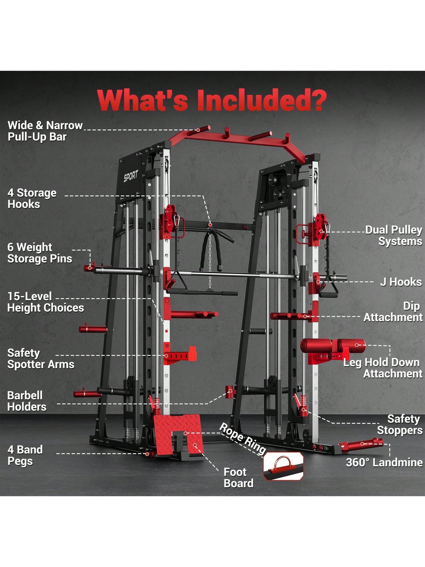Smith Machine for Home Gym, Multifunctional Strength Training Power Cage with T Bar, Lat-Pull down System and Cable System, 2200 Lbs Squat Rack with More Training Attachment