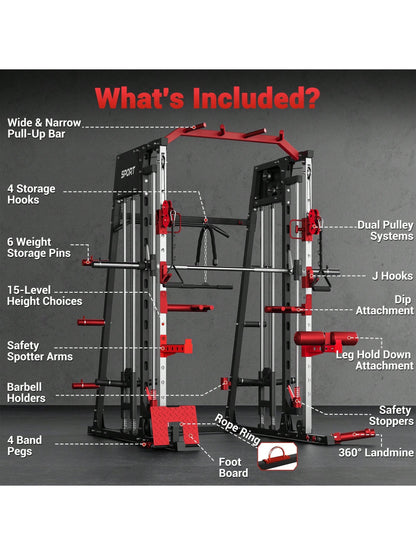 Smith Machine for Home Gym, Multifunctional Strength Training Power Cage with T Bar, Lat-Pull down System and Cable System, 2200 Lbs Squat Rack with More Training Attachment