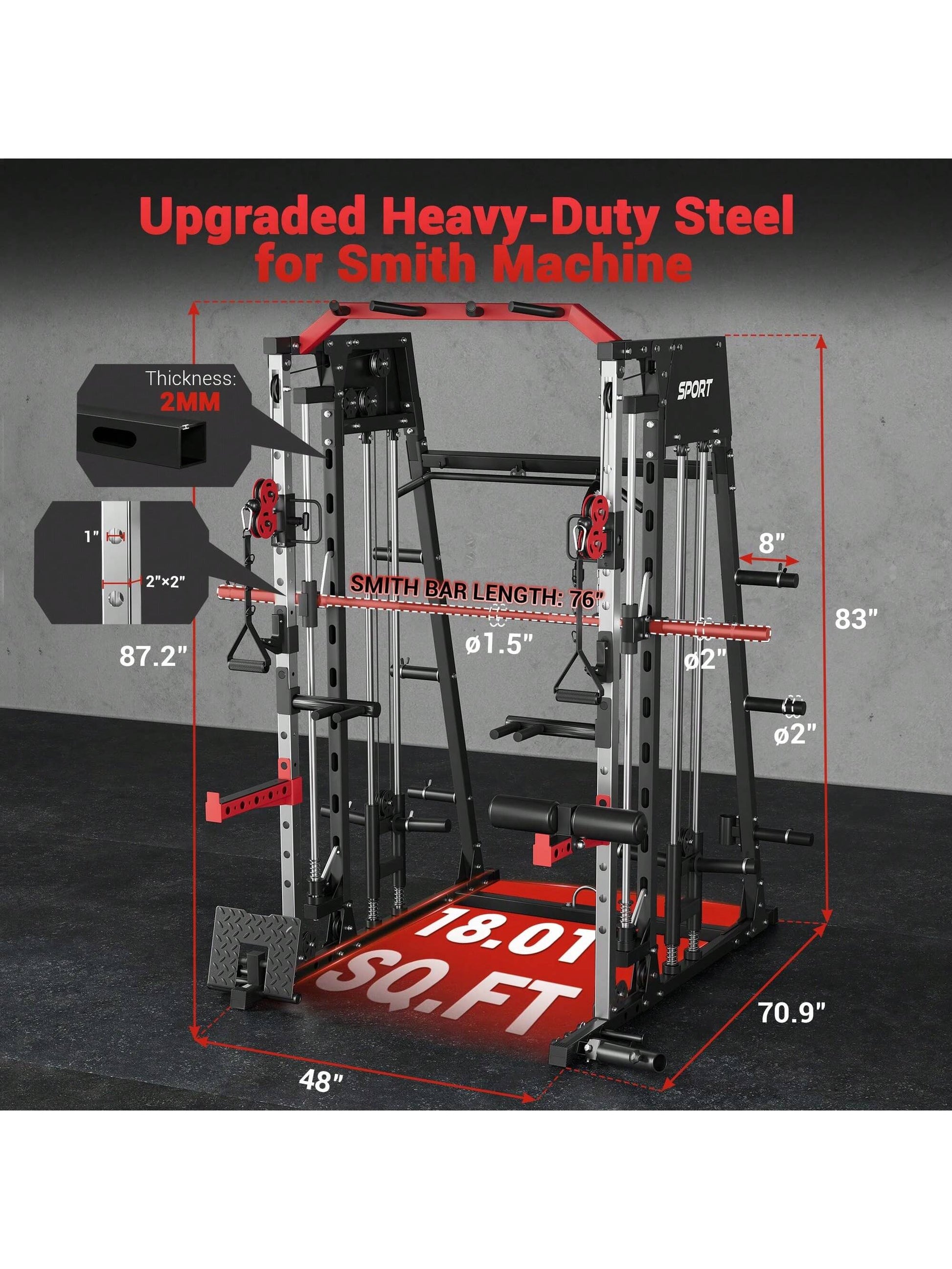 Smith Machine for Home Gym, Multifunctional Strength Training Power Cage with T Bar, Lat-Pull down System and Cable System, 2200 Lbs Squat Rack with More Training Attachment