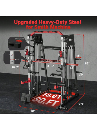 Smith Machine for Home Gym, Multifunctional Strength Training Power Cage with T Bar, Lat-Pull down System and Cable System, 2200 Lbs Squat Rack with More Training Attachment