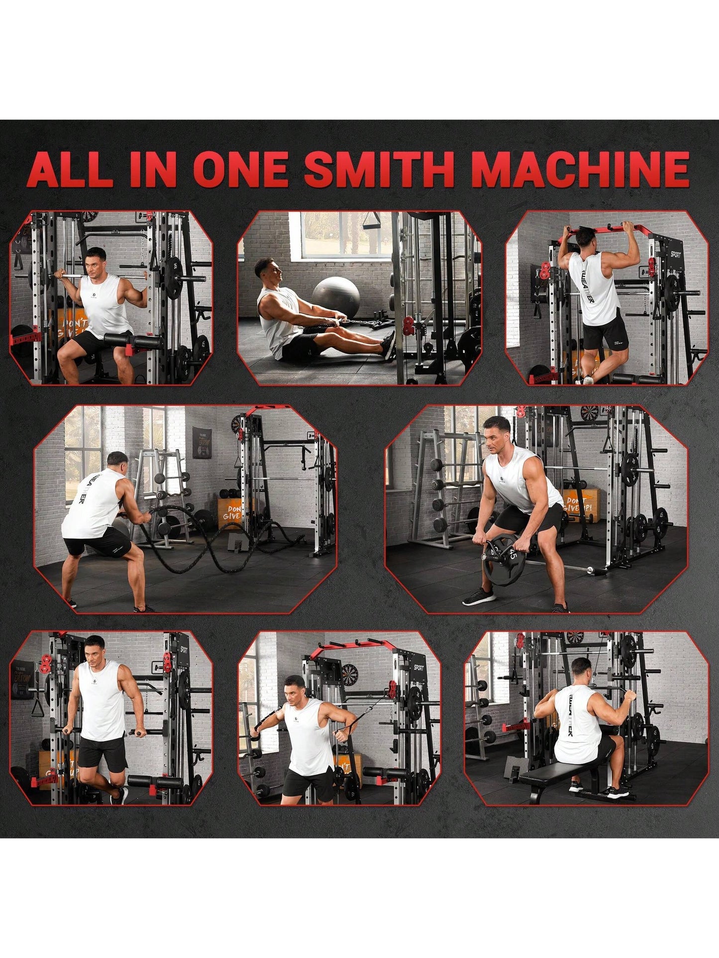 Smith Machine for Home Gym, Multifunctional Strength Training Power Cage with T Bar, Lat-Pull down System and Cable System, 2200 Lbs Squat Rack with More Training Attachment
