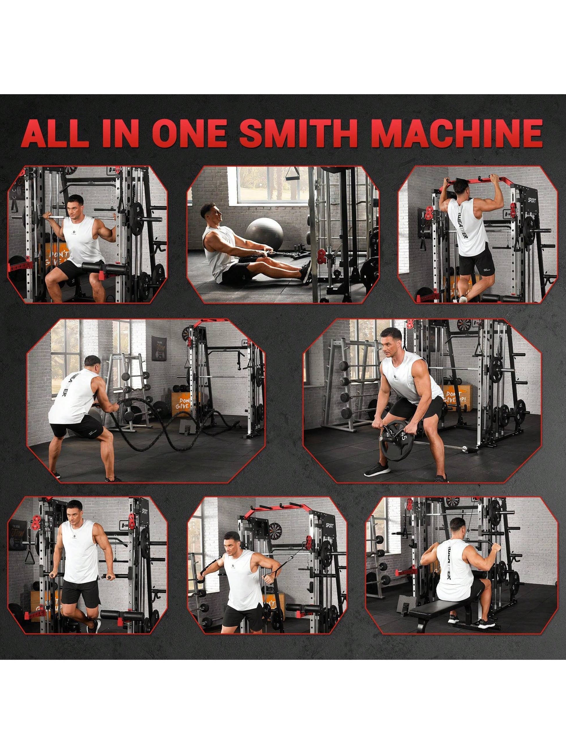 Smith Machine for Home Gym, Multifunctional Strength Training Power Cage with T Bar, Lat-Pull down System and Cable System, 2200 Lbs Squat Rack with More Training Attachment