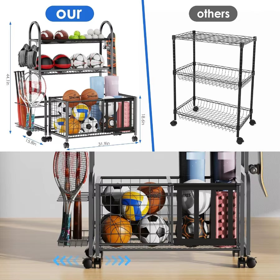 2 in 1 Sports Equipment Organizer for Garage with Rolling Basket and Adjustable Hooks Individually Movable Ball Storage Cart Fo