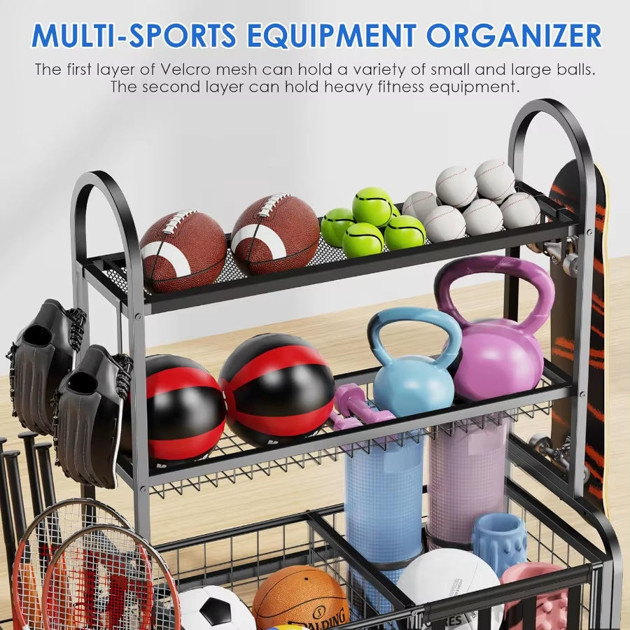 2 in 1 Sports Equipment Organizer for Garage with Rolling Basket and Adjustable Hooks Individually Movable Ball Storage Cart Fo