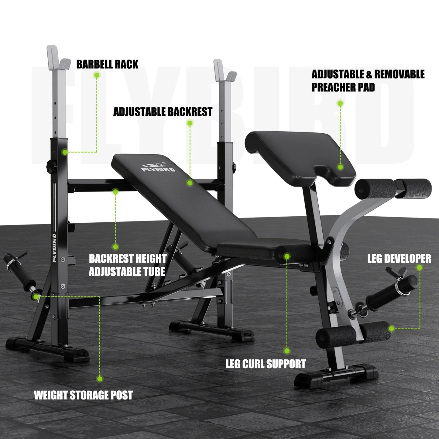 Standard Weight Bench with Preacher Curl, Leg Developer, Chest & Shoulder Rack