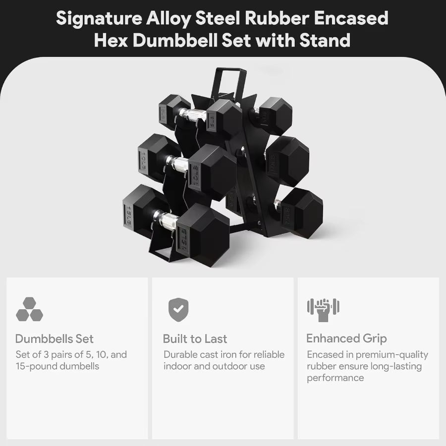 Premium Rubber Encased Hex Dumbbell Sets for Home Gym and Fitness Training 46LBS Set 60LBS Set 100LBS Set with Durable Rubber C