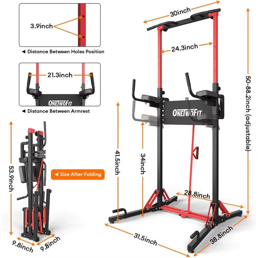 Foldable Power Tower Pull up Bar Station Multi-Function Adjustable Height Pull up Dip Station for Home Gym Workout Strength Tra