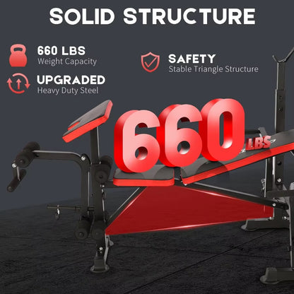 660Lbs 6 in 1 Weight Bench Set with Squat Rack, Workout Bench with Leg Extension Preacher Curl Rack Multi-Function Bench Press S