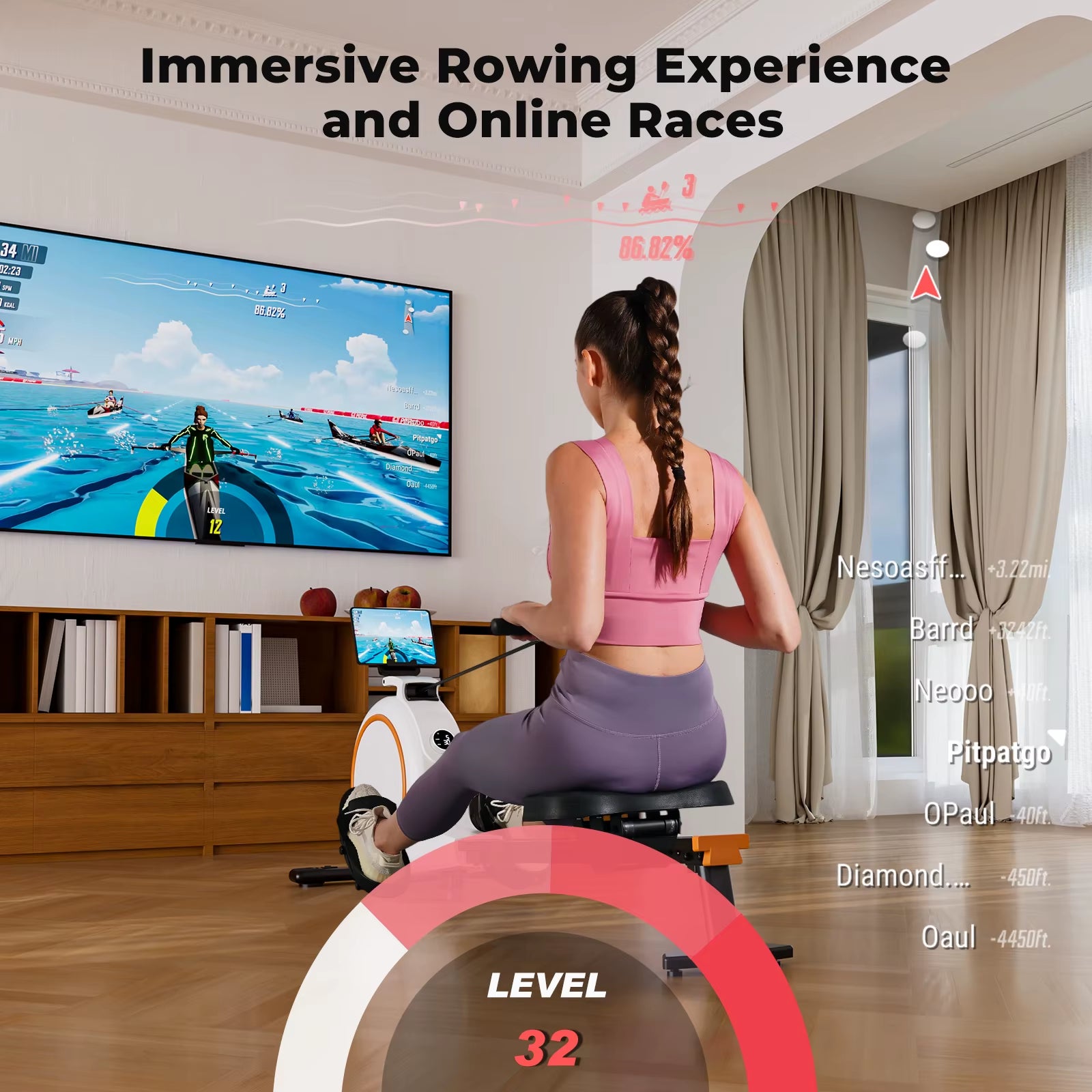 Home Rowing Machine 32Level Adjustable Resistance 300LBS Trainer Row Machine LED Monitor Tablet Holder Bluetooh Fitness Machine