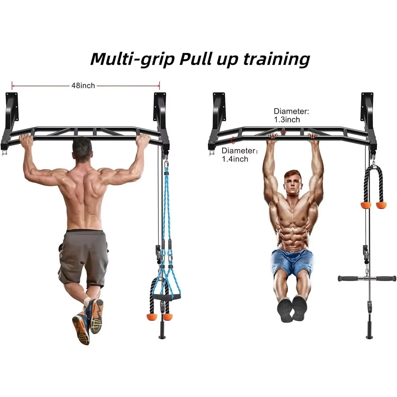 YOU-48'' Heavy Duty Pull up Bar Wall Mount Multi-Function Chin up Bar with Home Gym Cable Pulley System LAT Pulldown Workout