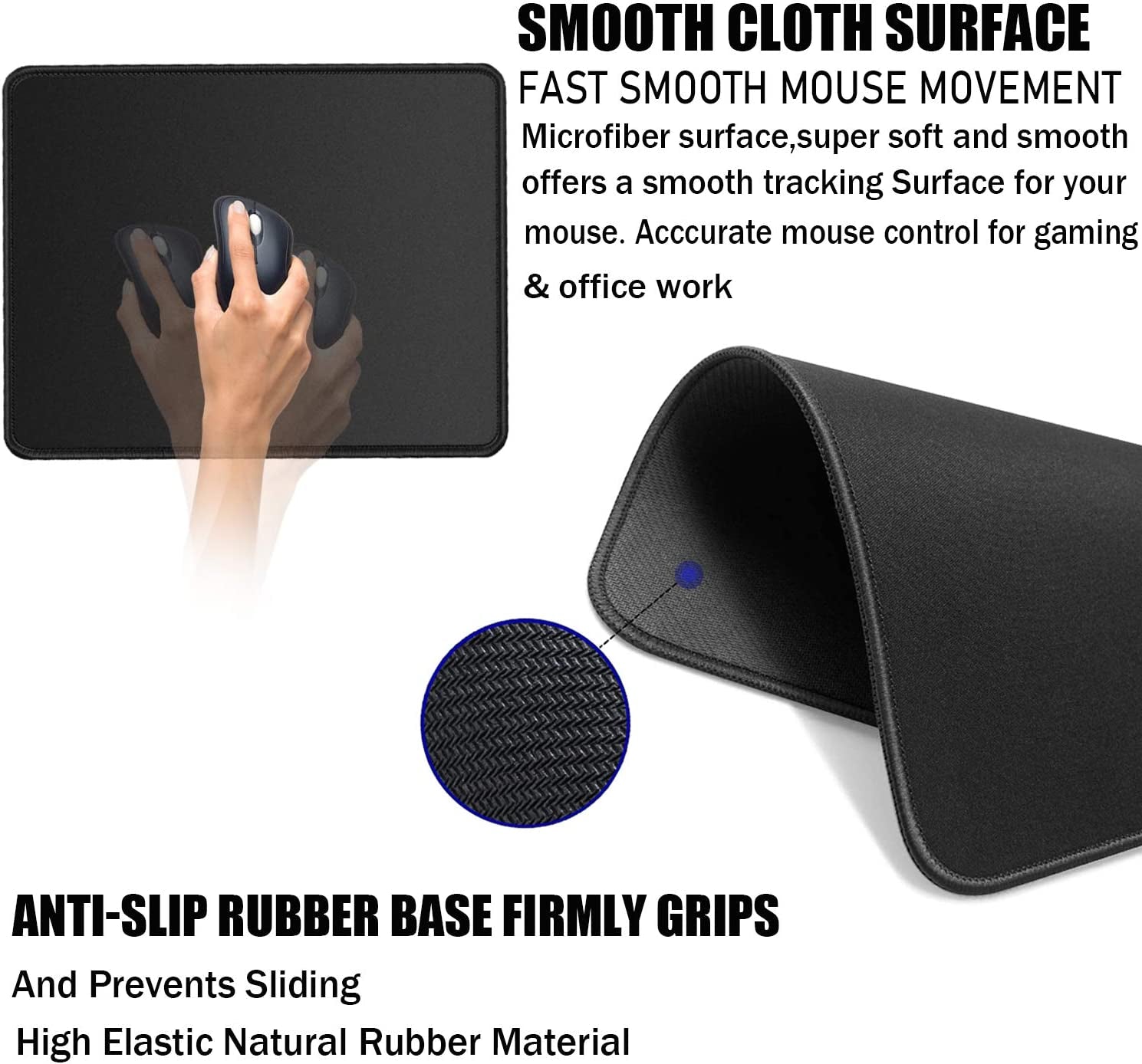 Mouse Pad, Black Mouse Pad, 11.8"X9.8"X0.12"Upgraded Durable Medium Mouse Pad with Stitched Edge, Classic Gaming Mouse Pad Non-Slip Rubber Base Waterproof Mouse Pad for Laptop, Office, Home