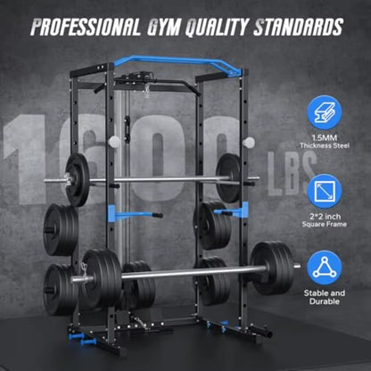 Power Cage Multifunctional Squat Rack for Home Gym with Cable Crossover System 1600LBS Weight Capacity Strength Training Equipm